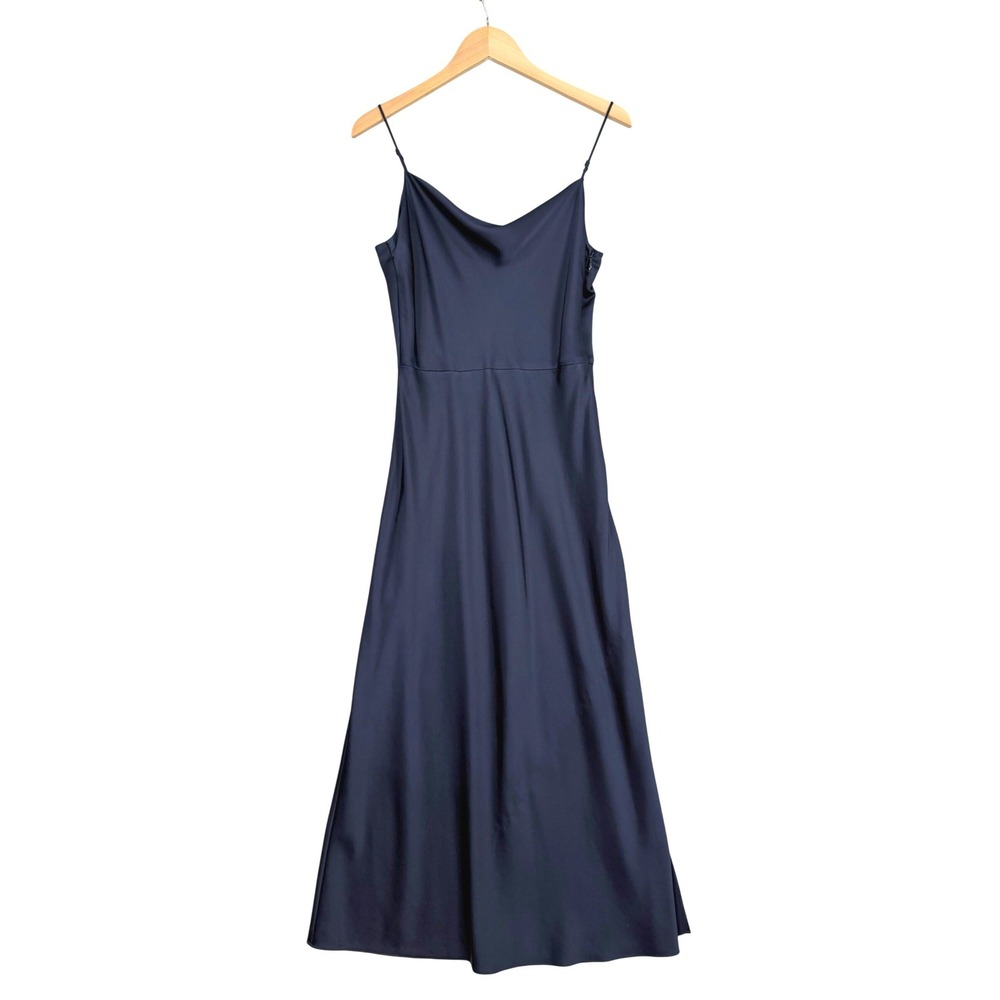 Vince Slip Dress Womens 6 Navy Blue Cowl Neck Satin Side Slit VX18451372